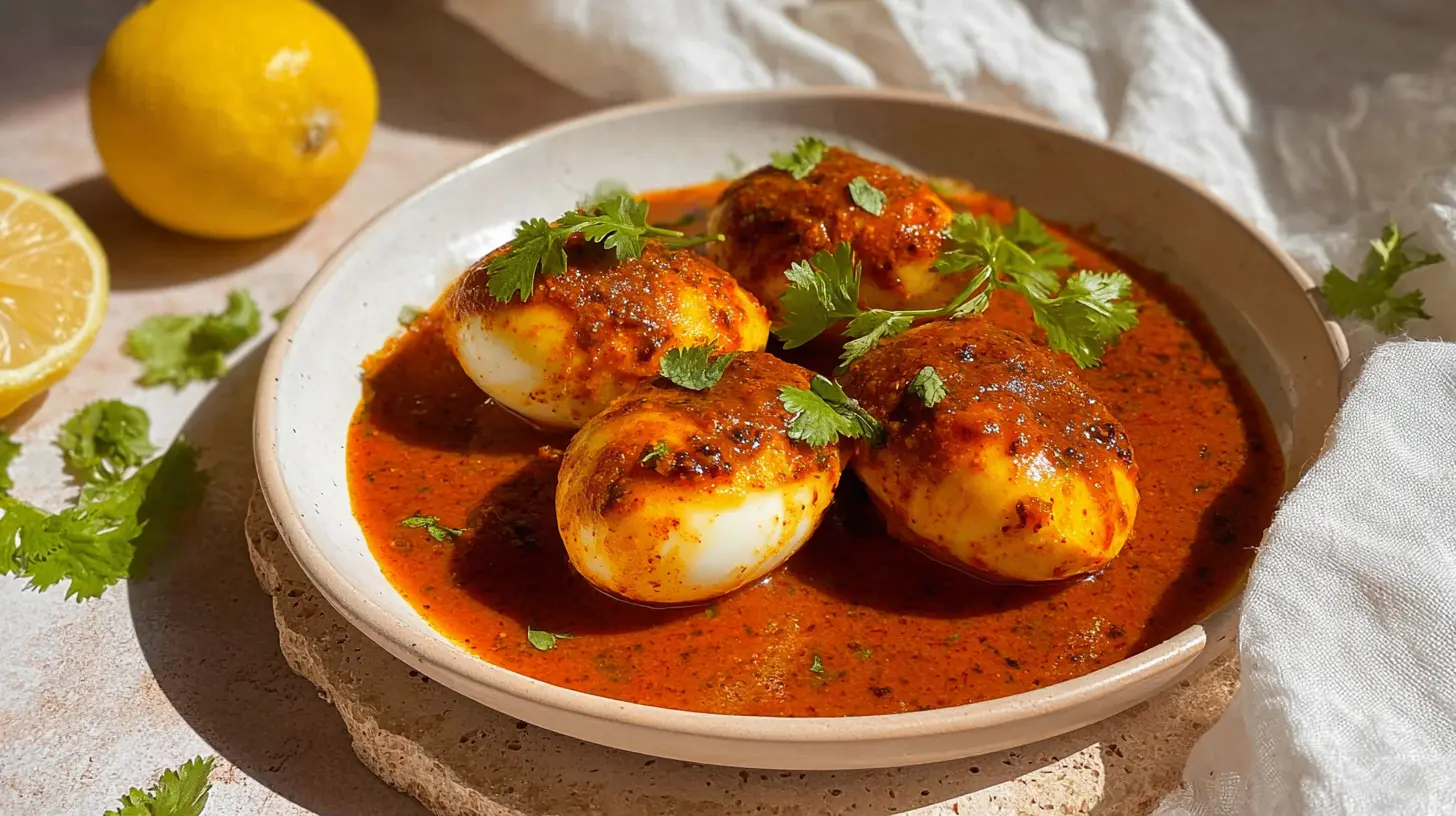 Close-up of four Cajun Boiled Eggs in a vibrant red sauce, garnished with fresh cilantro and lemon.