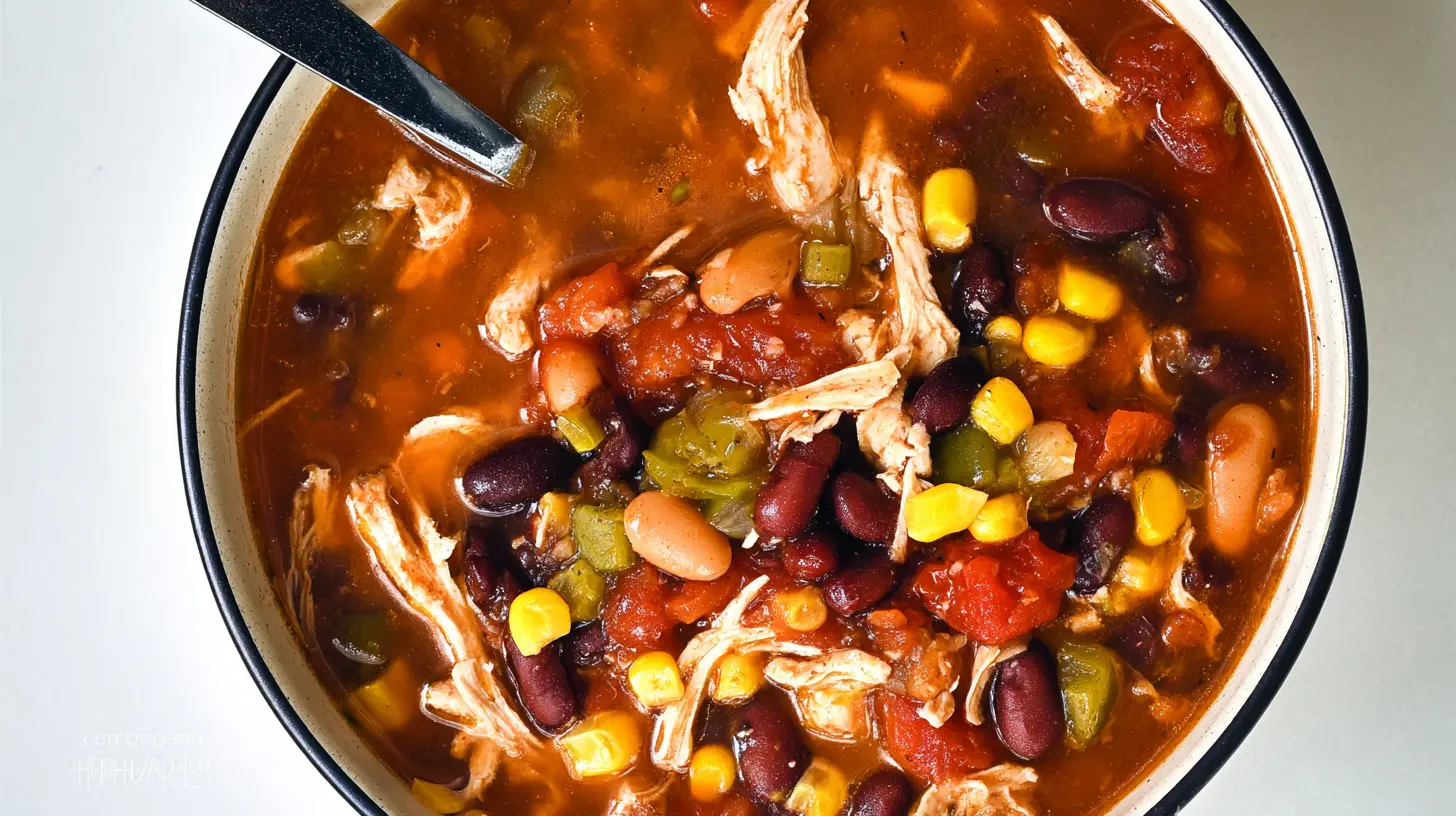 Vibrant, top-down view of a hearty bowl of chicken taco soup recipe, brimming with shredded chicken, beans, corn, and diced vegetables, served with a spoon on a light background.