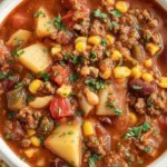 A hearty bowl of rich Cowboy Soup, packed with meat, potatoes, corn, and beans, garnished with fresh herbs on a rustic wooden table.