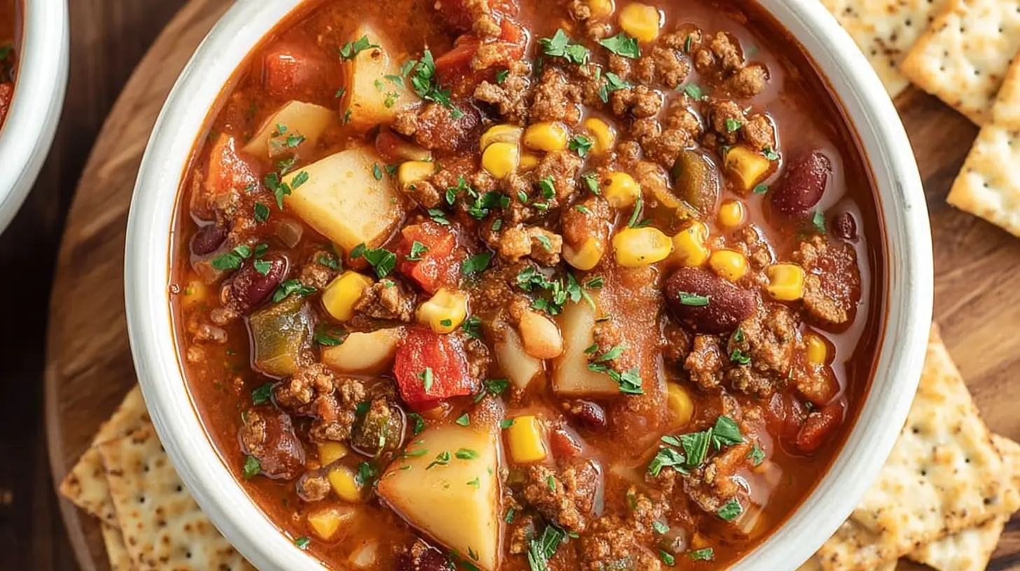 A hearty bowl of rich Cowboy Soup, packed with meat, potatoes, corn, and beans, garnished with fresh herbs on a rustic wooden table.