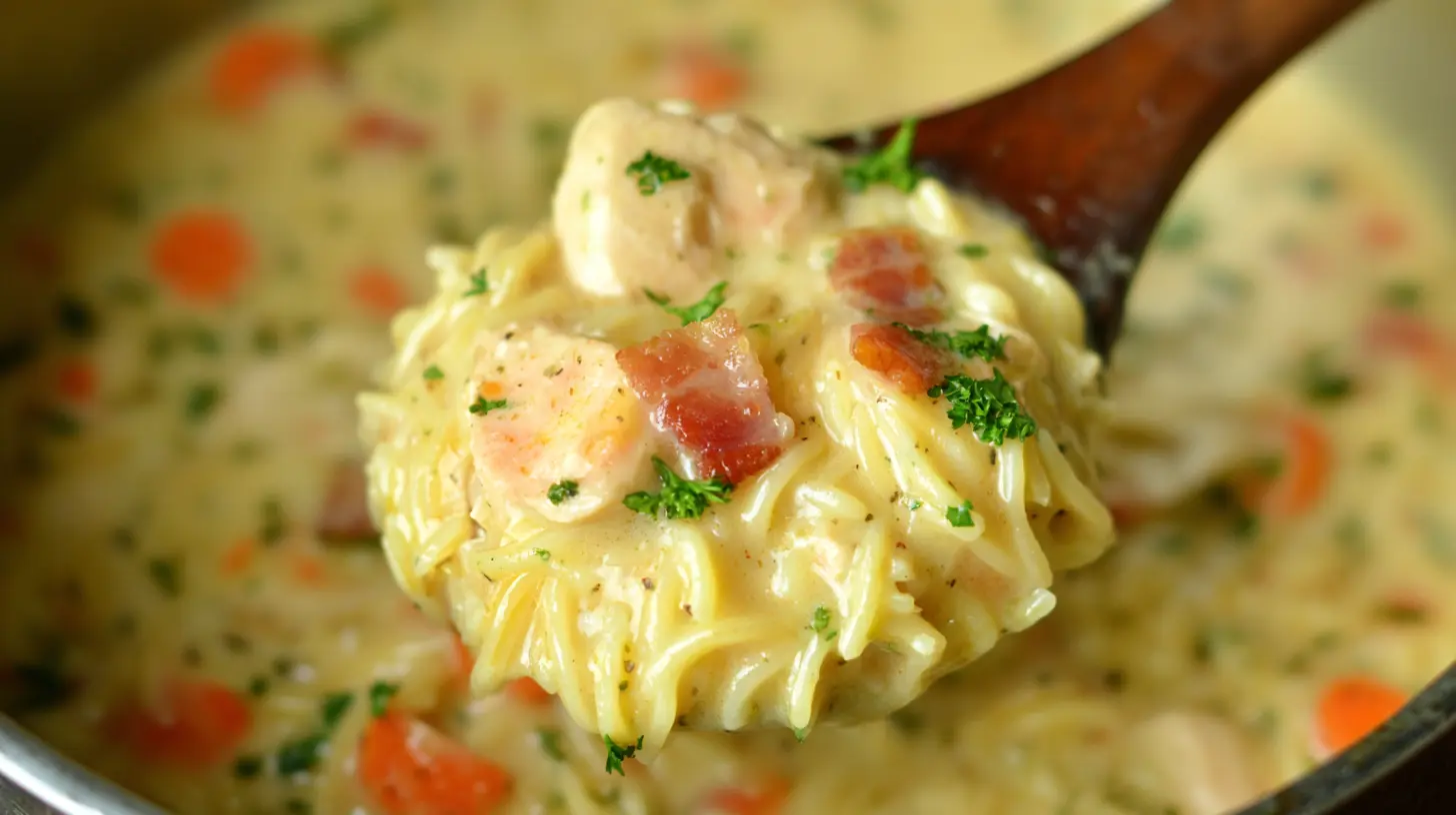 Creamy Crack Chicken Noodle Soup with tender chicken, crispy bacon, and pasta, served on a wooden spoon.