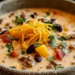 A close-up of a hearty Creamy Cowboy Soup Recipe, garnished with melted cheddar cheese and fresh herbs, in a rustic stoneware bowl.