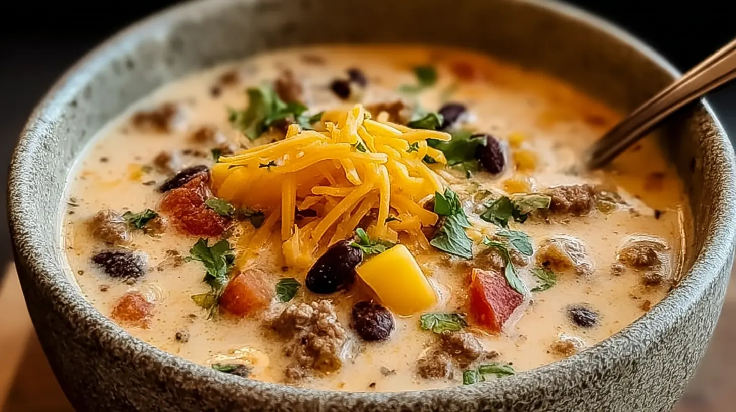 A close-up of a hearty Creamy Cowboy Soup Recipe, garnished with melted cheddar cheese and fresh herbs, in a rustic stoneware bowl.