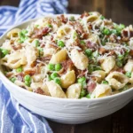 A delectable close-up of a bowl of creamy pasta salad featuring shell noodles, green peas, crispy bacon, and grated cheese on a dark wooden surface.