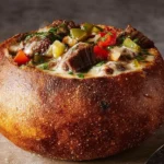 A rustic bread bowl filled with hearty Creamy Philly Cheese Steak Soup, garnished with fresh green herbs.
