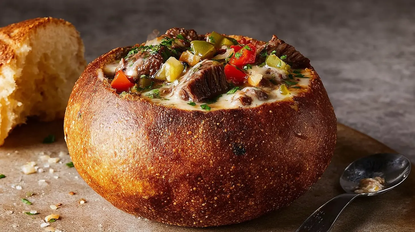 A rustic bread bowl filled with hearty Creamy Philly Cheese Steak Soup, garnished with fresh green herbs.