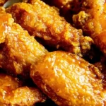 Close-up of a pile of generously sauced Crispy Honey Lemon Pepper Wings, showcasing their golden-brown, glistening glaze.