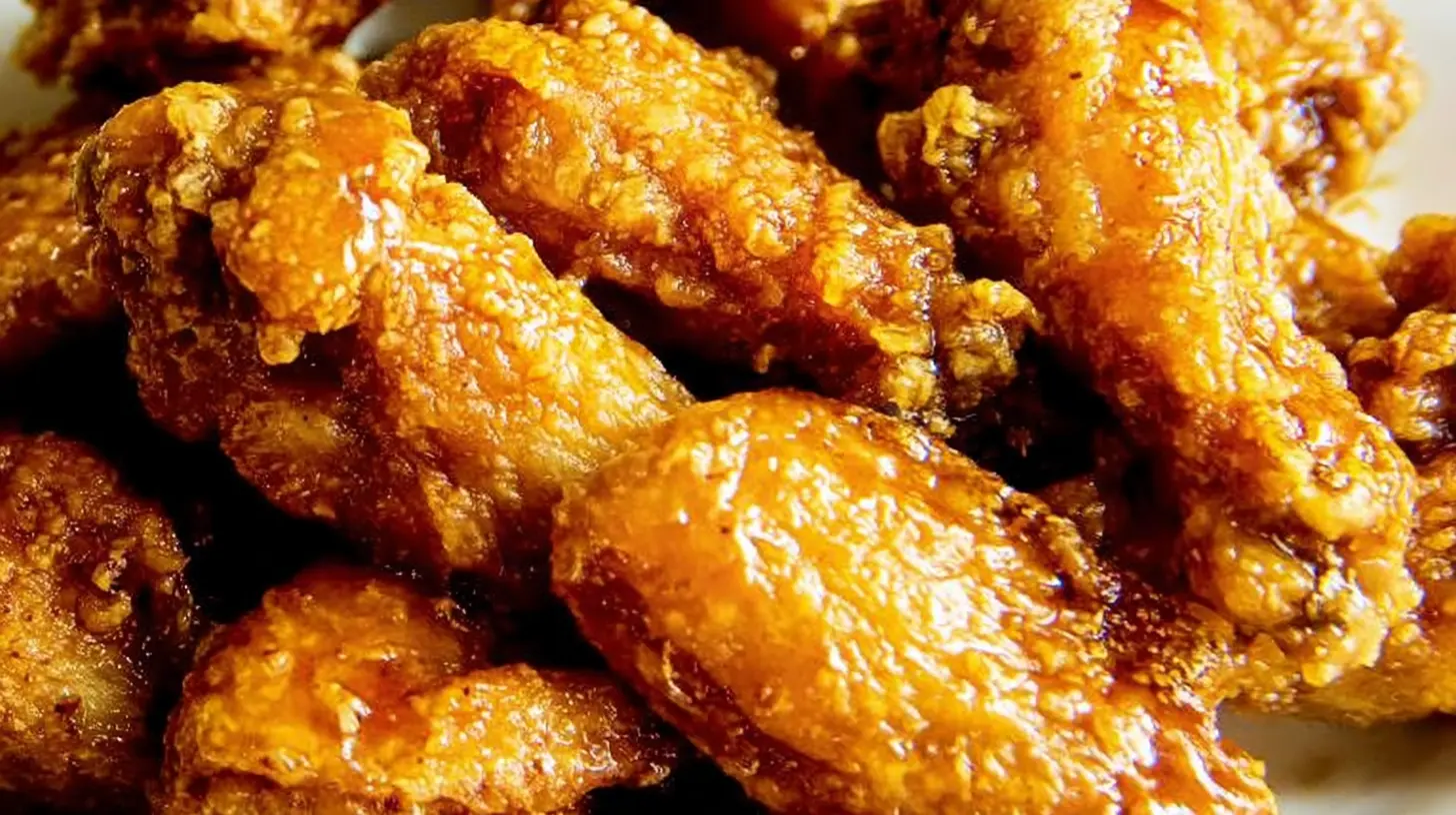 Close-up of a pile of generously sauced Crispy Honey Lemon Pepper Wings, showcasing their golden-brown, glistening glaze.