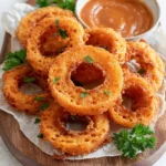A generous pile of golden-brown Crispy Keto Onion Rings, garnished with parsley, served on a rustic wooden board with a side of dipping sauce.