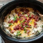 Close-up of creamy Crockpot Crack Chicken with melted cheese, crispy bacon, and green onions in a black slow cooker.