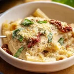 Creamy Crockpot Marry Me Chicken pasta with sun-dried tomatoes and fresh basil in a white serving dish on a rustic wooden table.