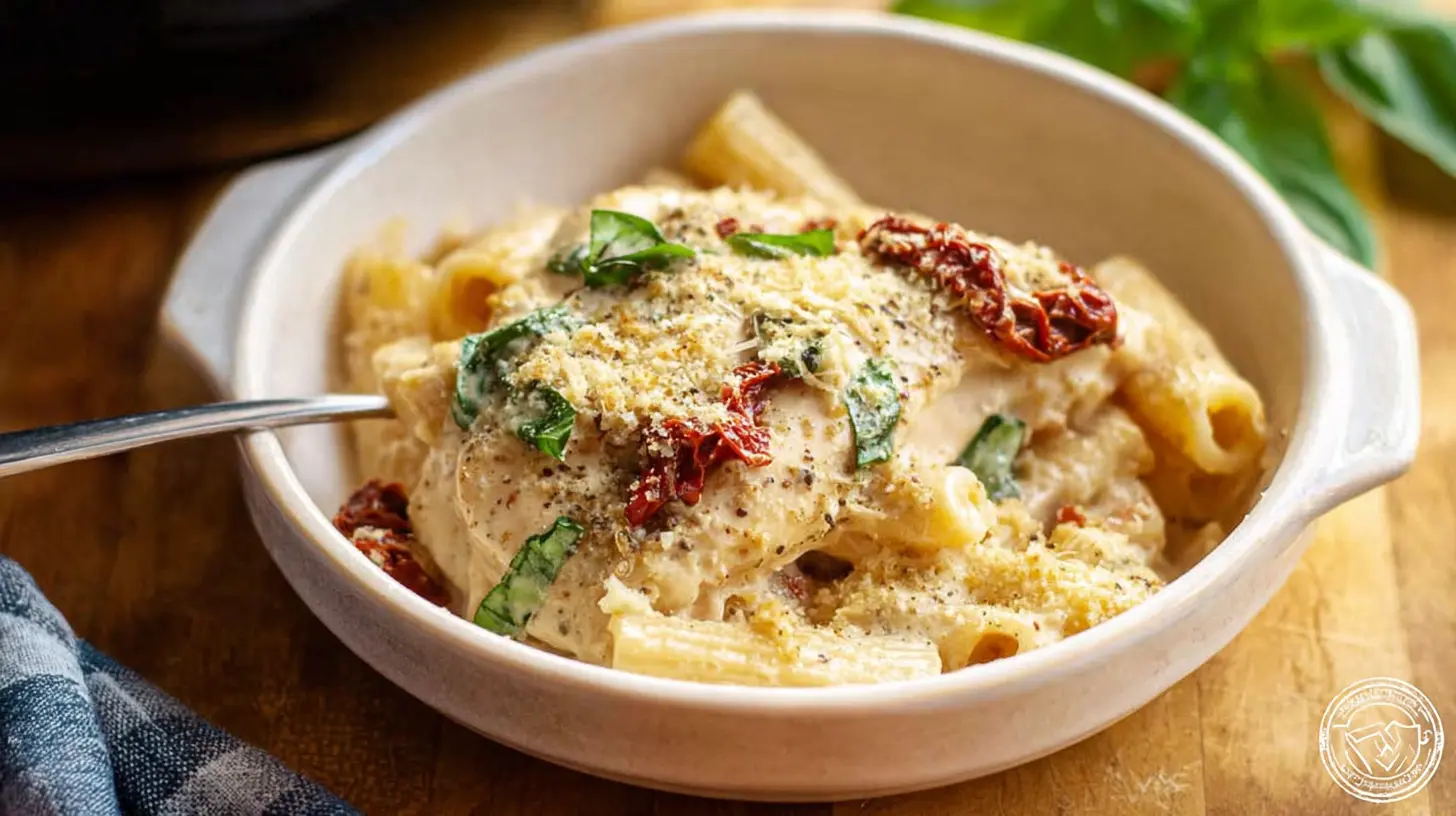Creamy Crockpot Marry Me Chicken pasta with sun-dried tomatoes and fresh basil in a white serving dish on a rustic wooden table.