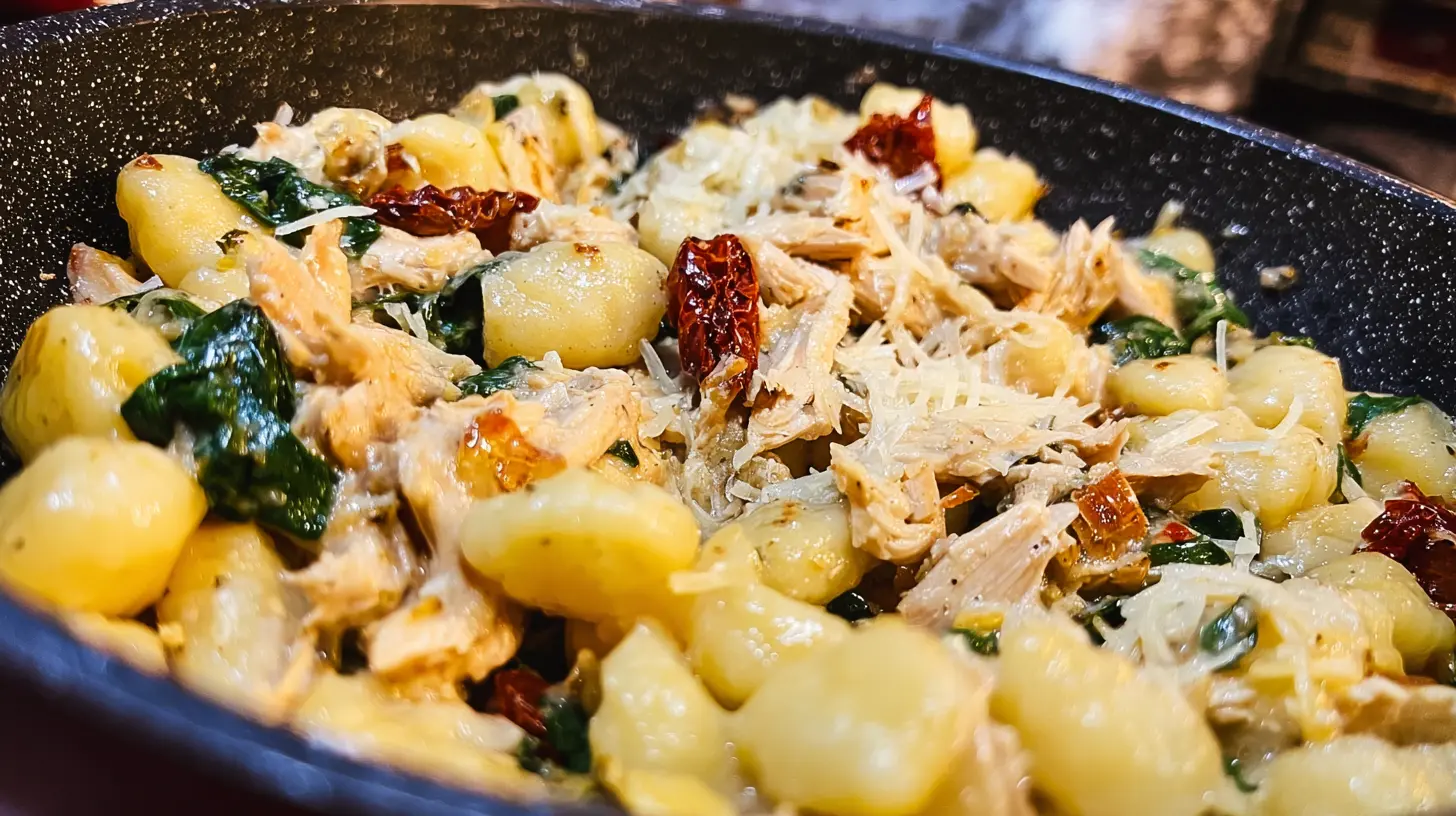 Appetizing Dump and Go Marry Me Chicken gnocchi dish with creamy sauce, shredded chicken, spinach, and cheese in a dark pan.