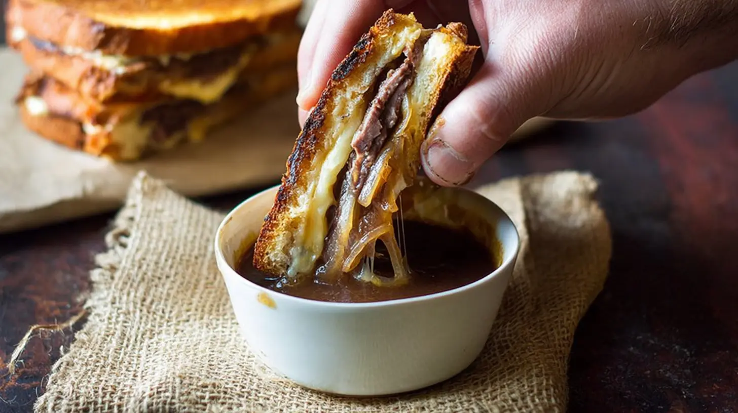 Hand dipping a gooey French Dip Grilled Cheese sandwich, filled with melted cheese, roast beef, and caramelized onions, into a rich au jus.