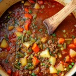 Overhead view of a hearty Ground Beef Vegetable Soup simmering in a rustic pot with a wooden spoon.