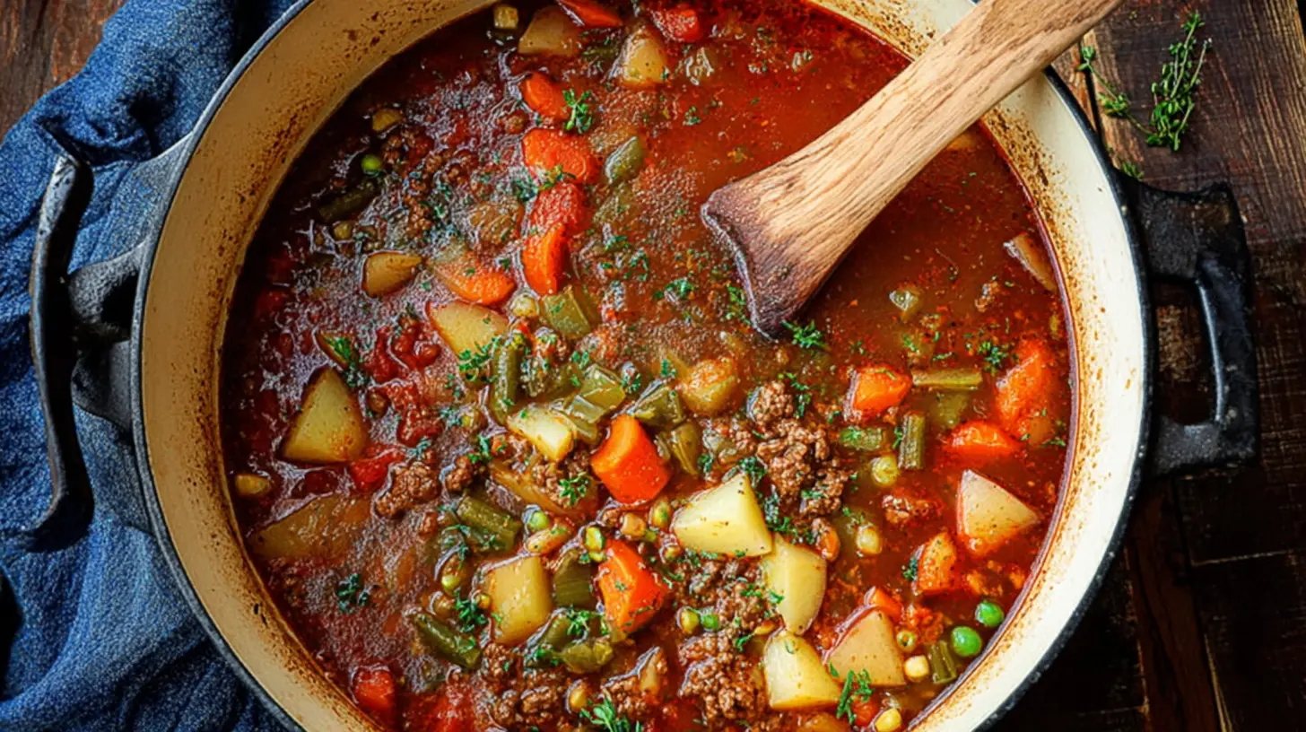 Hearty & Easy Ground Beef Vegetable Soup: A One-Pot Wonder Ground Beef Vegetable Soup Overhead view of a hearty Ground Beef Vegetable Soup simmering in a rustic pot with a wooden spoon.