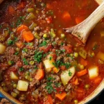 Overhead shot of hearty Ground Beef Vegetable Soup with potatoes, carrots, and peas in a blue Dutch oven.