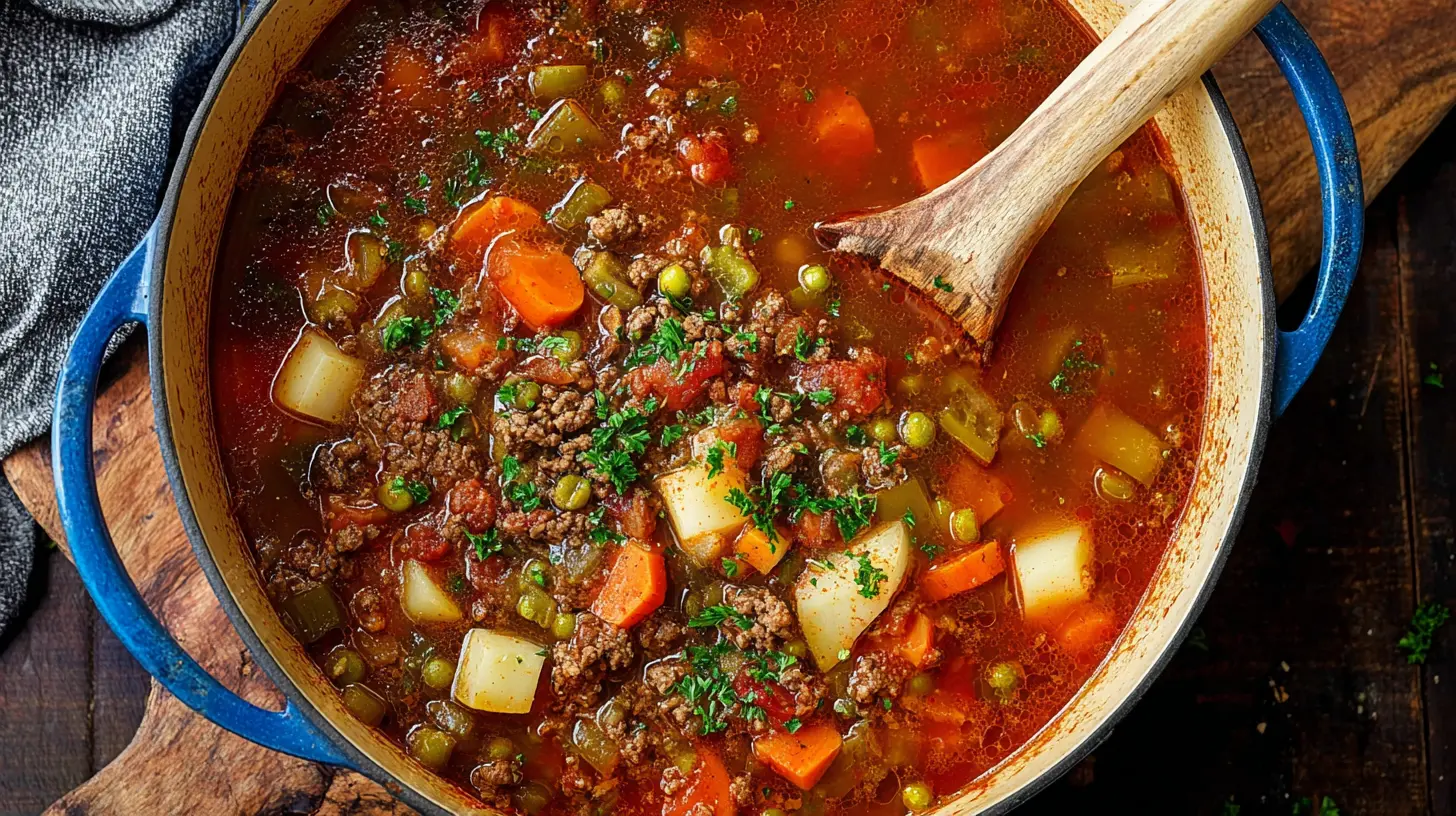 Overhead shot of hearty Ground Beef Vegetable Soup with potatoes, carrots, and peas in a blue Dutch oven.