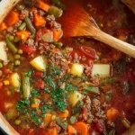Hearty Ground Beef Vegetable Soup simmering in a blue Dutch oven with fresh herbs.