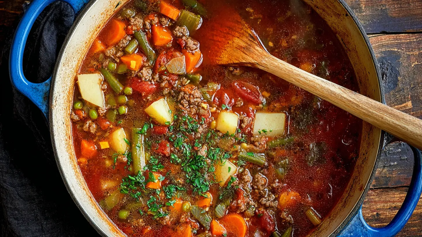Hearty & Easy Ground Beef Vegetable Soup Ground Beef Vegetable Soup Hearty Ground Beef Vegetable Soup simmering in a blue Dutch oven with fresh herbs.