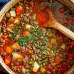 A hearty Ground Beef Vegetable Soup simmering in an enameled cast iron pot with a wooden spoon.