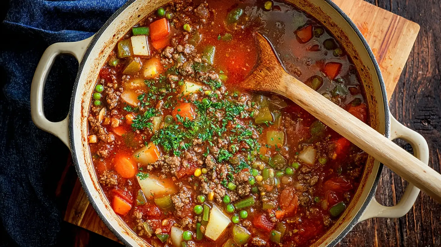 Easy Hearty Ground Beef Vegetable Soup Ground Beef Vegetable Soup A hearty Ground Beef Vegetable Soup simmering in an enameled cast iron pot with a wooden spoon.