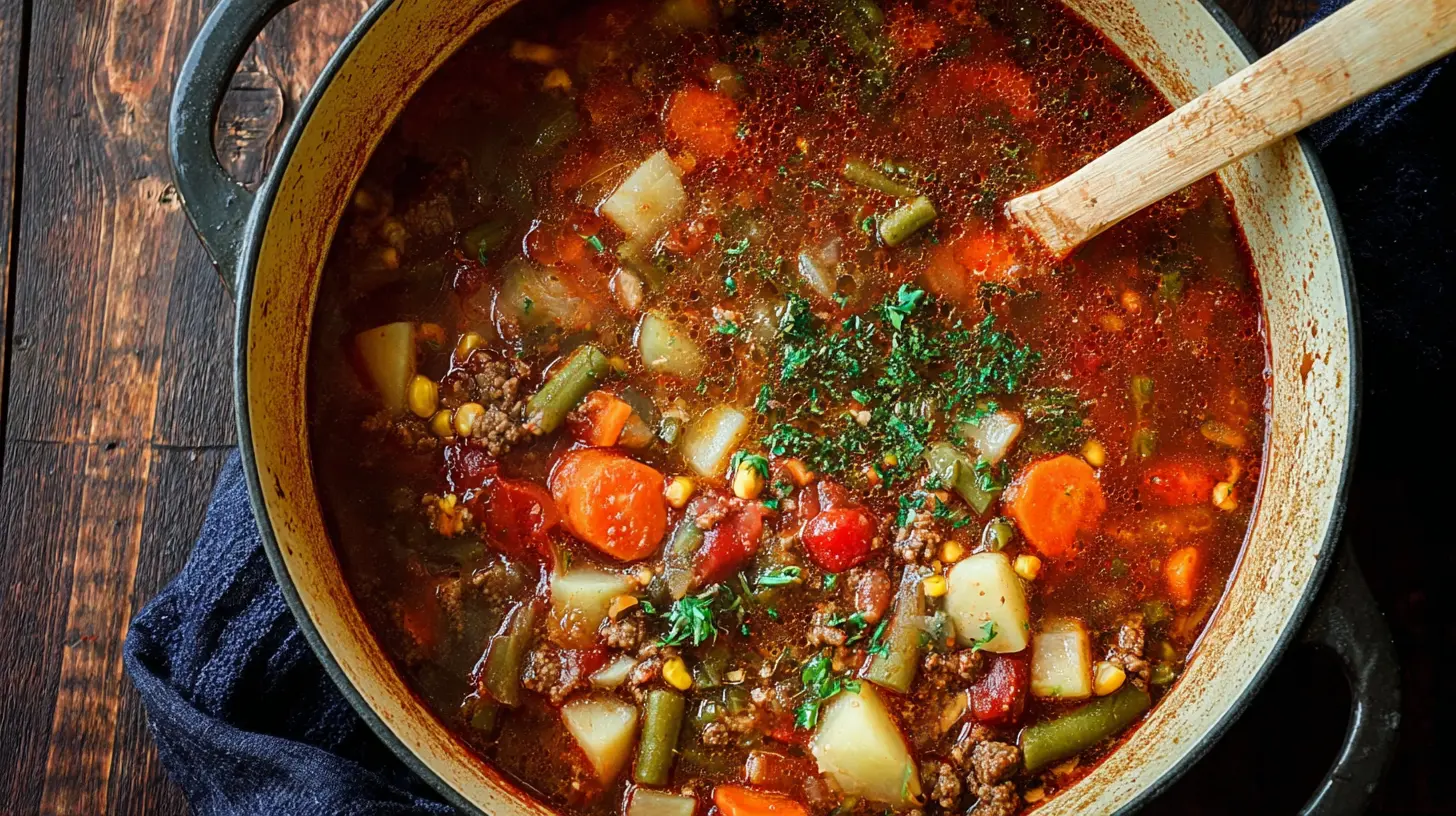Easy Ground Beef Vegetable Soup Ground Beef Vegetable Soup Hearty Ground Beef Vegetable Soup in a rustic Dutch oven with fresh herbs, ready to serve.