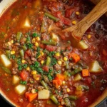 Vibrant Ground Beef Vegetable Soup in a rustic blue Dutch oven, garnished with fresh herbs.