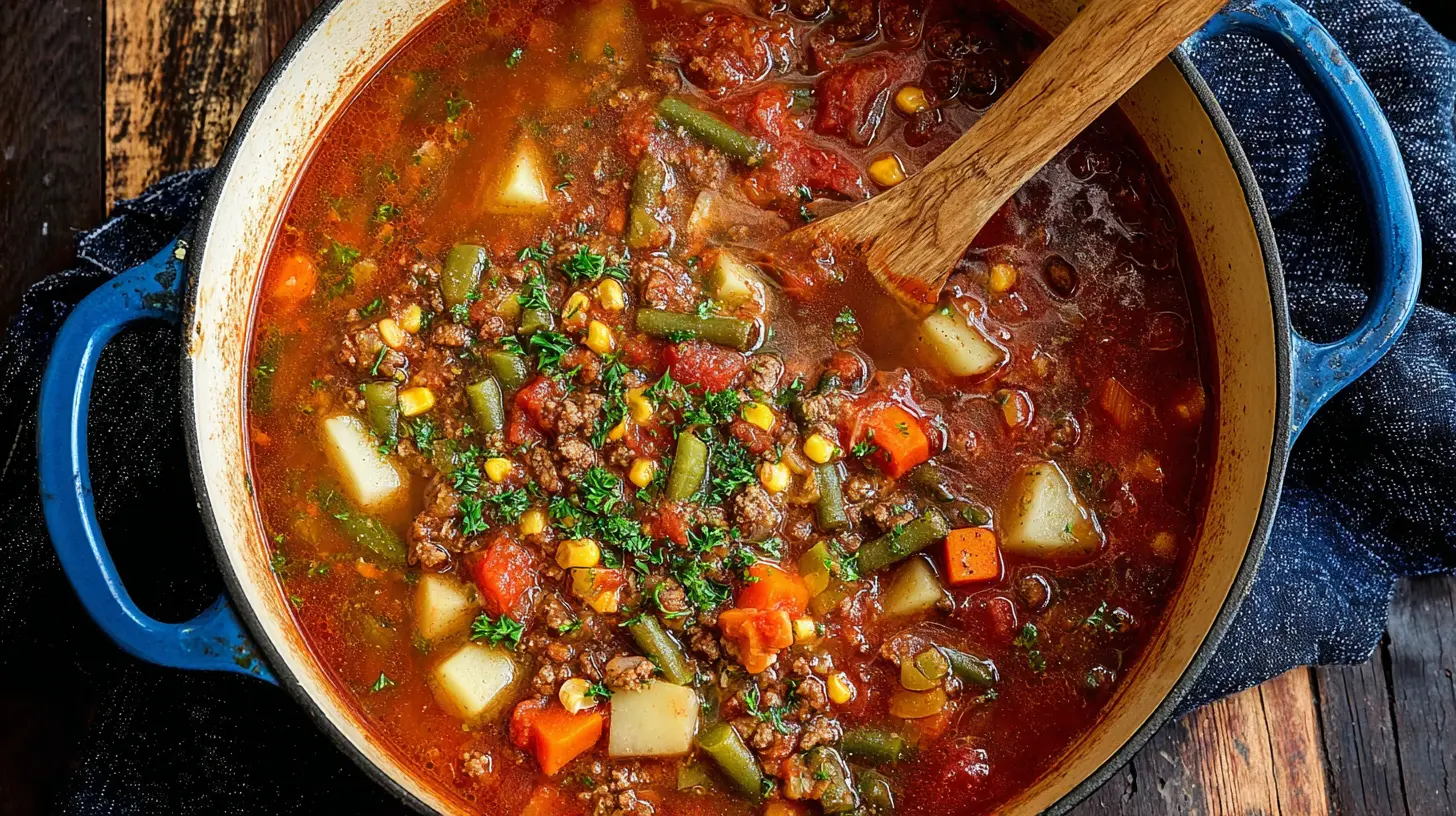 Hearty Ground Beef Vegetable Soup Ground Beef Vegetable Soup Vibrant Ground Beef Vegetable Soup in a rustic blue Dutch oven, garnished with fresh herbs.