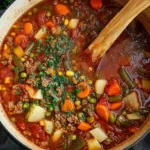 Overhead view of a hearty pot of Ground Beef Vegetable Soup with carrots, potatoes, peas, green beans, and corn, garnished with fresh parsley and a wooden spoon.