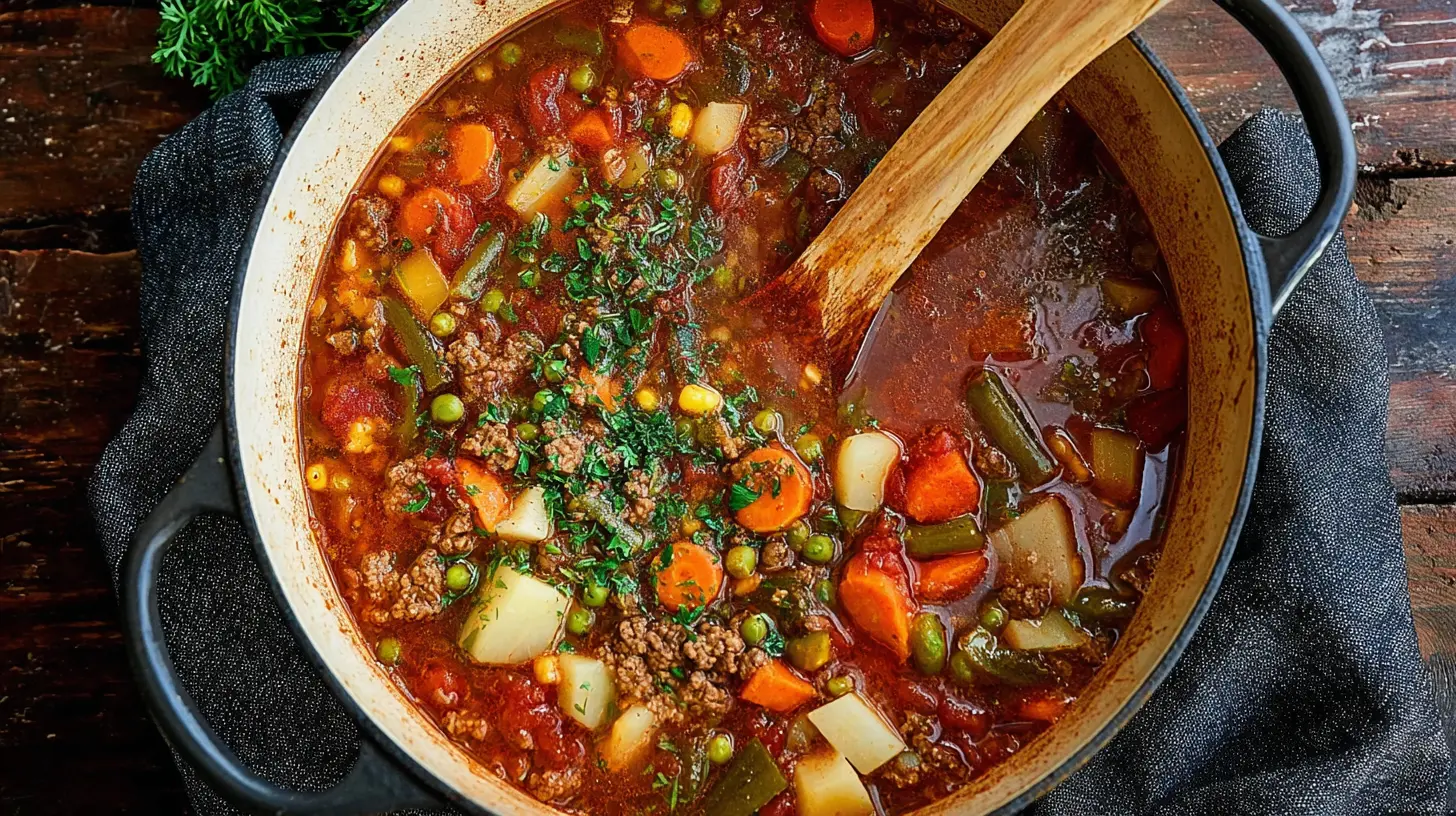Overhead view of a hearty pot of Ground Beef Vegetable Soup with carrots, potatoes, peas, green beans, and corn, garnished with fresh parsley and a wooden spoon.