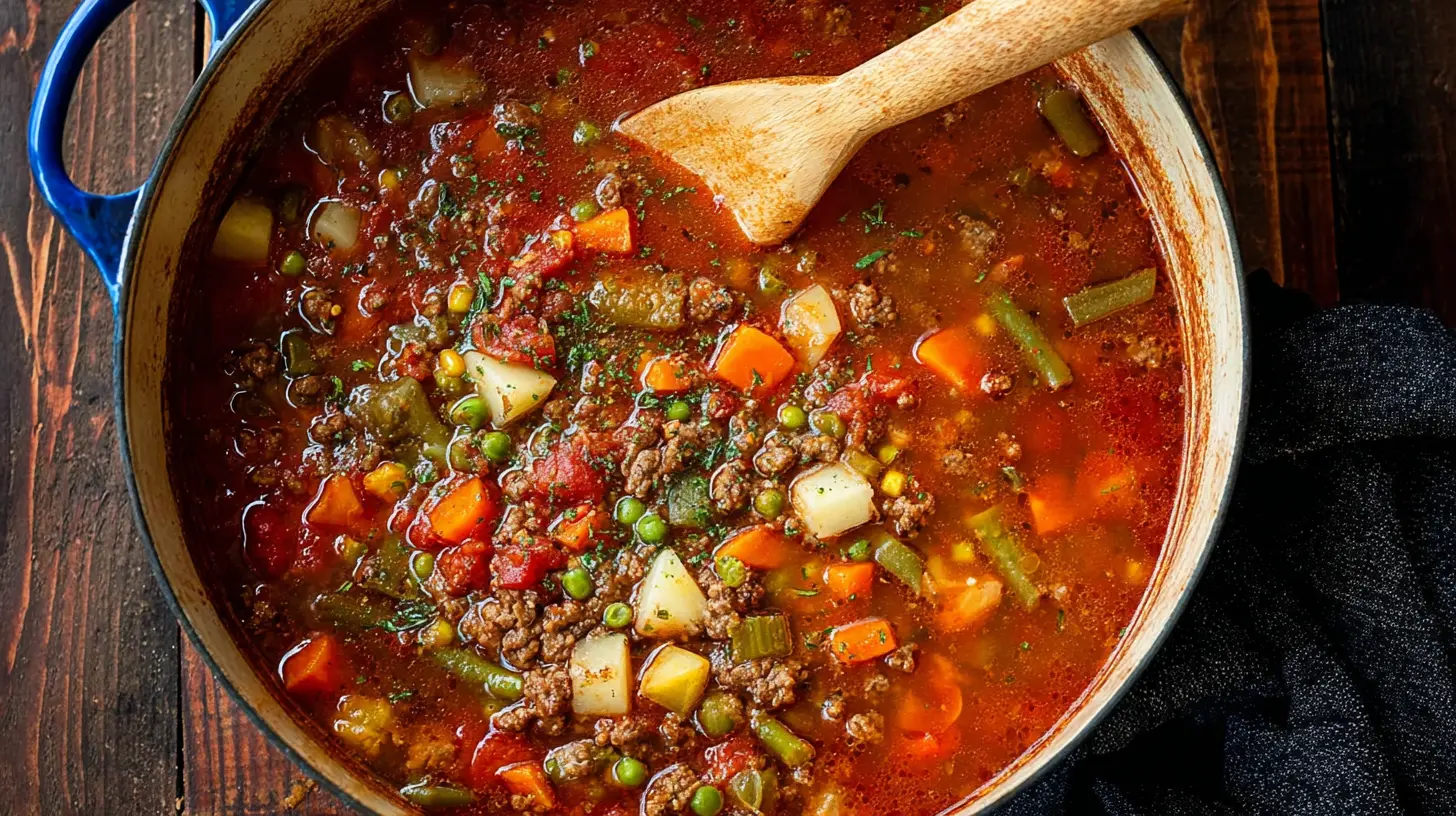 Hearty Ground Beef Vegetable Soup with fresh herbs in a blue cast-iron Dutch oven.