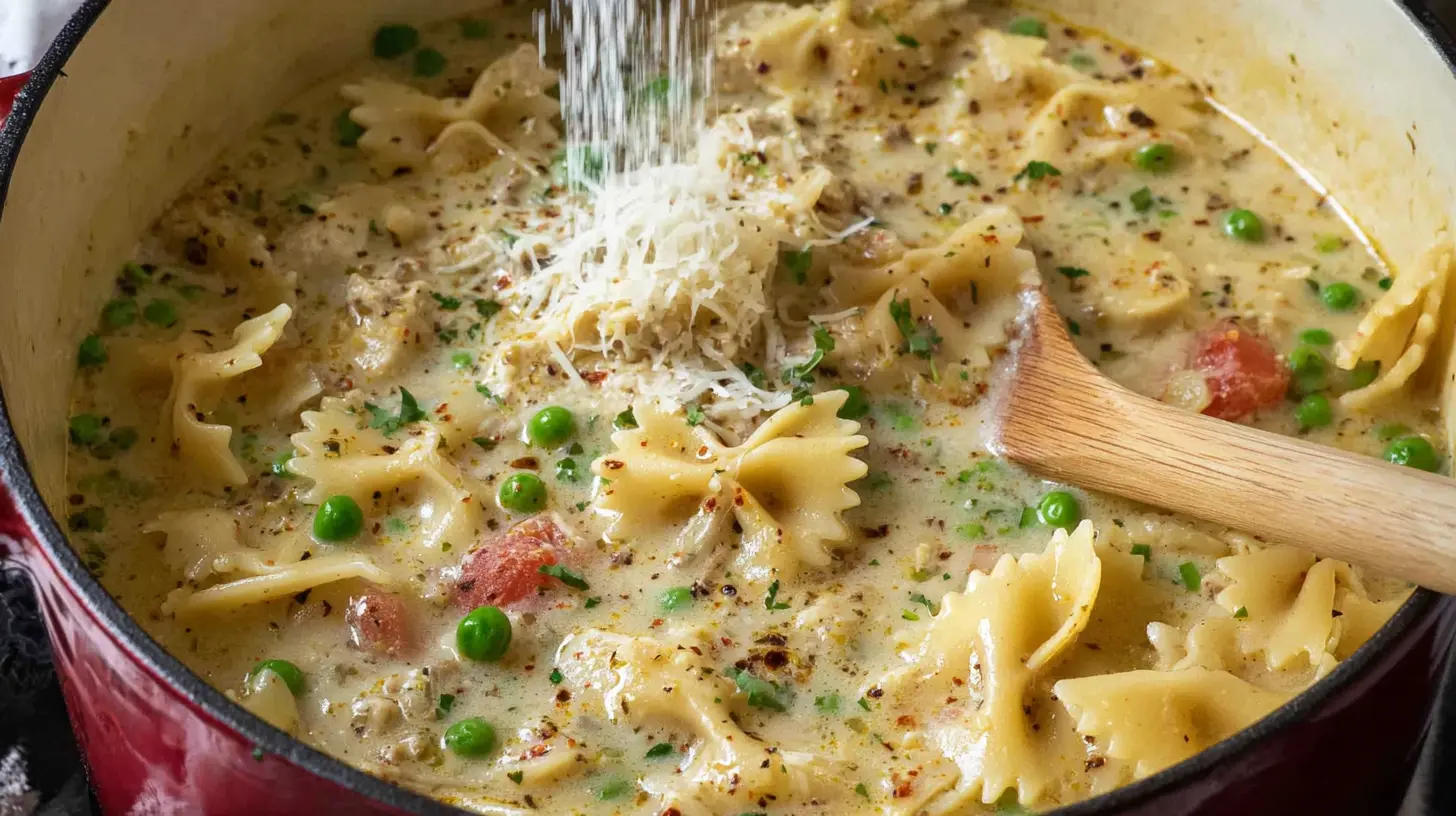 Creamy farfalle pasta with peas, tomatoes, and grated Parmesan, a hearty comfort meal often enjoyed like a warm ground chicken soup.