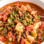 A close-up of a hearty bowl of Hamburger Vegetable Soup, richly garnished with fresh parsley, showcasing ground meat, tomatoes, and mixed vegetables.
