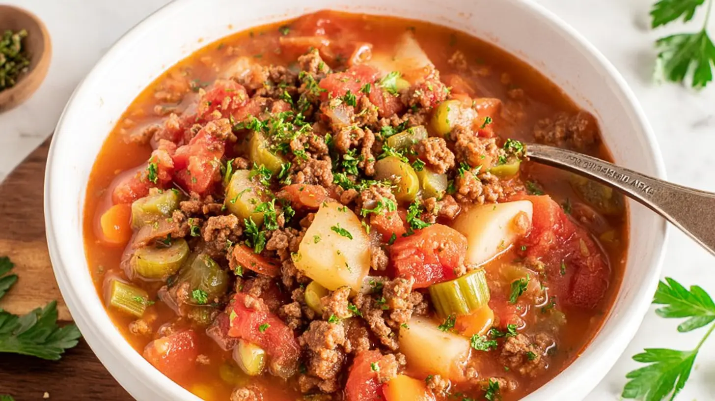 Easy One-Pot Hamburger Vegetable Soup Hamburger Vegetable Soup A close-up of a hearty bowl of Hamburger Vegetable Soup, richly garnished with fresh parsley, showcasing ground meat, tomatoes, and mixed vegetables.