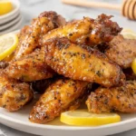 A plate of glossy Honey Lemon Pepper Wings garnished with fresh lemon slices and a honey dipper.