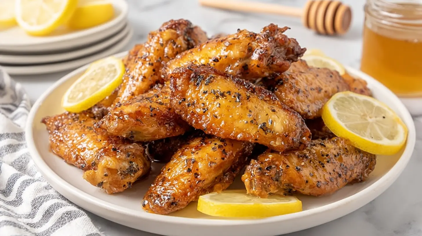 A plate of glossy Honey Lemon Pepper Wings garnished with fresh lemon slices and a honey dipper.