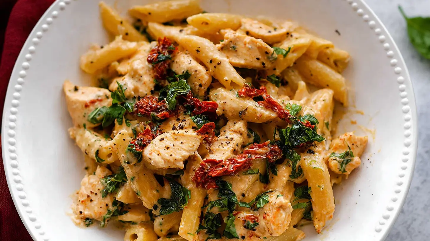 Close-up of creamy Marry Me Chicken Pasta with penne, sun-dried tomatoes, and fresh herbs in a white beaded bowl.