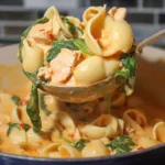 A close-up of a ladle serving creamy Marry Me Chicken Soup Recipe with shell pasta, chicken, and spinach from a blue cast iron pot.