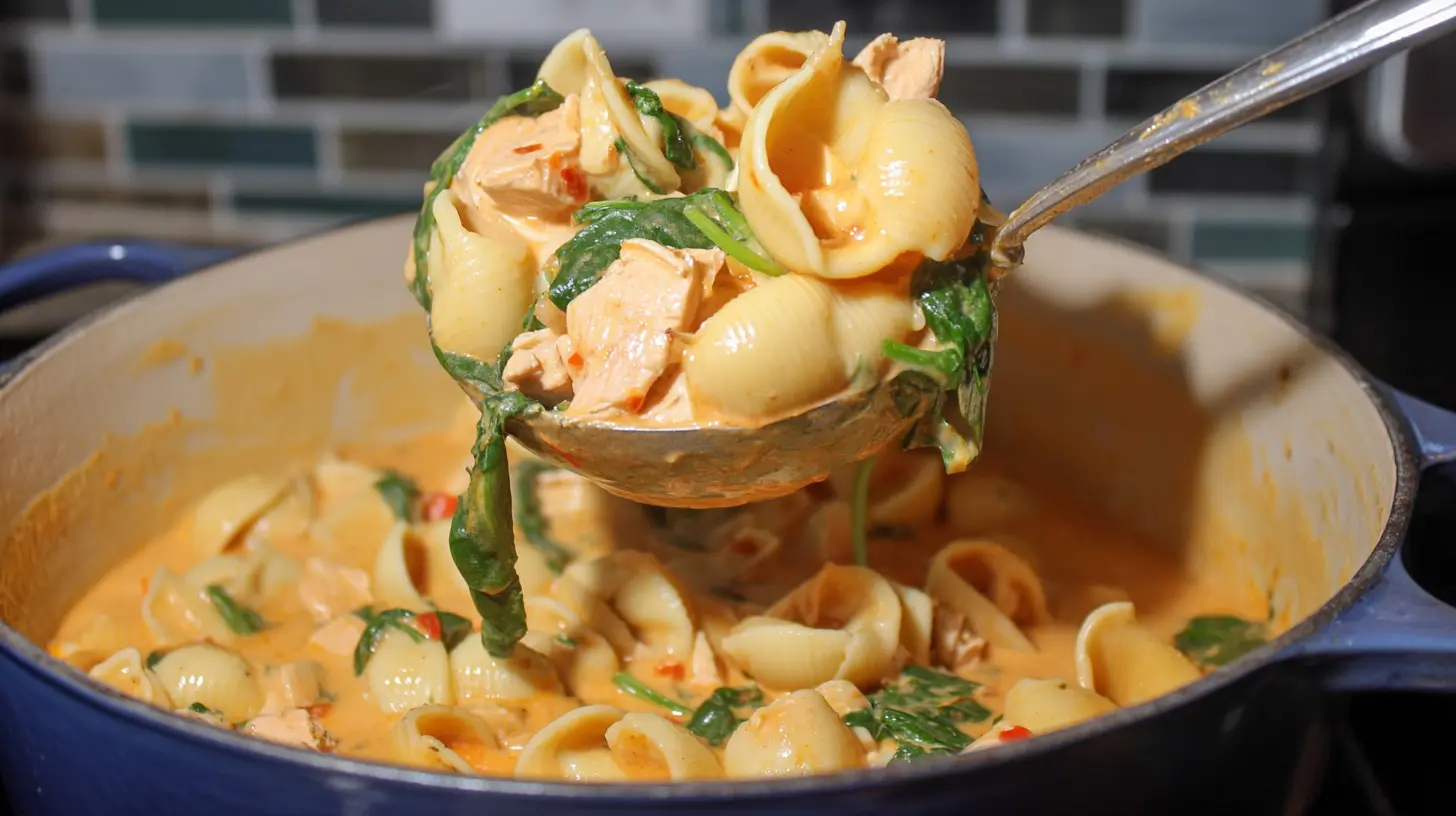 A close-up of a ladle serving creamy Marry Me Chicken Soup Recipe with shell pasta, chicken, and spinach from a blue cast iron pot.