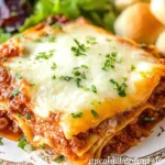 A generous serving of Million Dollar Lasagna, freshly baked with melted cheese and herbs, served on an ornate plate with a side salad and bread rolls.