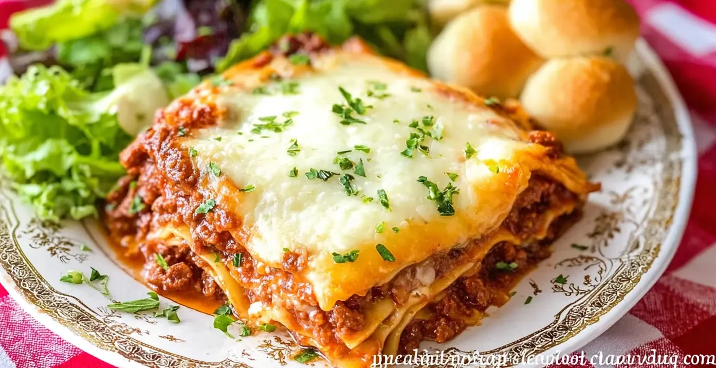 A generous serving of Million Dollar Lasagna, freshly baked with melted cheese and herbs, served on an ornate plate with a side salad and bread rolls.
