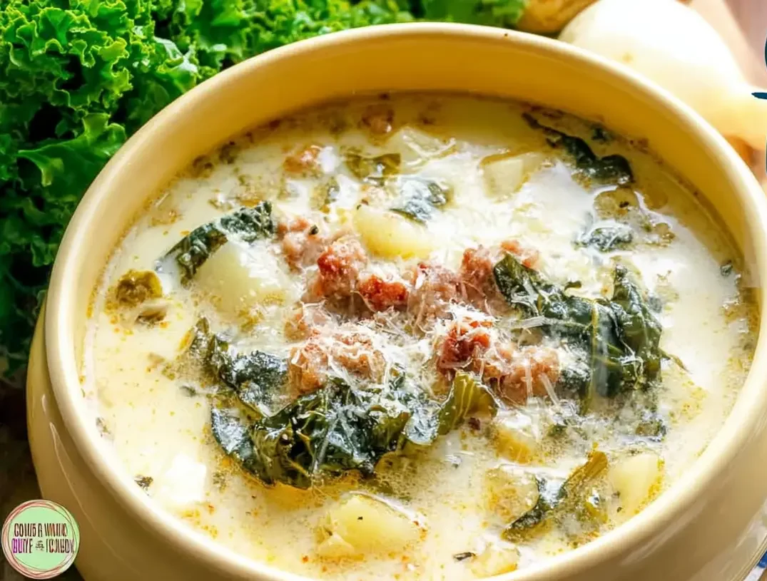 A close-up of a hearty bowl of creamy Olive Garden Zuppa Toscana soup with kale, potatoes, and sausage on a rustic wooden surface.
