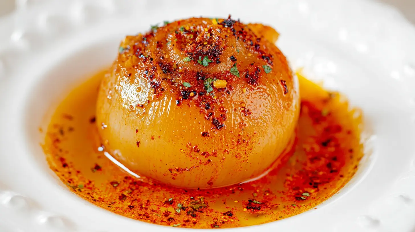 Close-up of a perfectly cooked onion boil, garnished with vibrant spices, served in a white bowl.