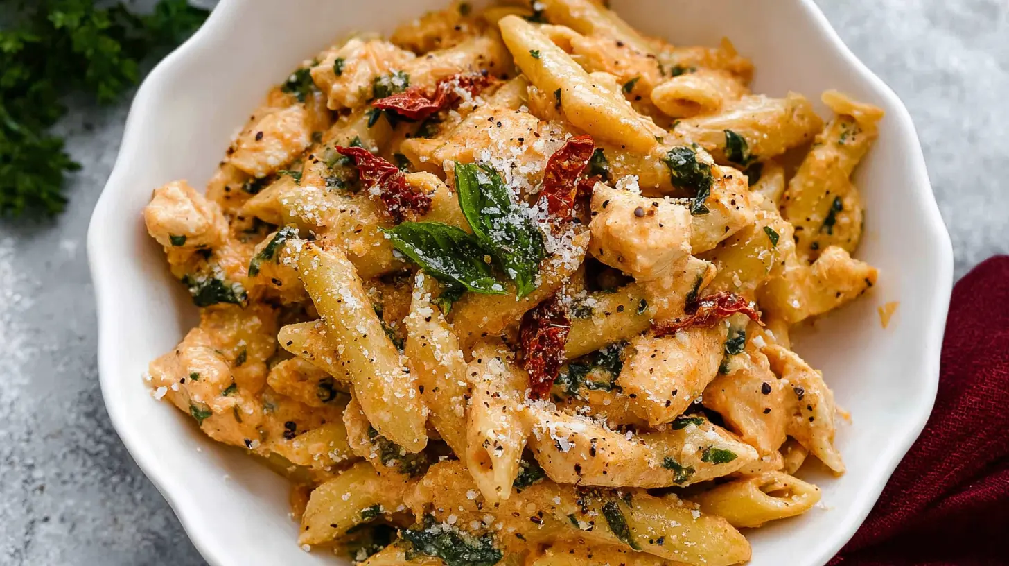 A close-up of creamy Parmesan Marry Me Chicken Pasta with penne, sun-dried tomatoes, fresh basil, and grated Parmesan cheese in a white bowl.