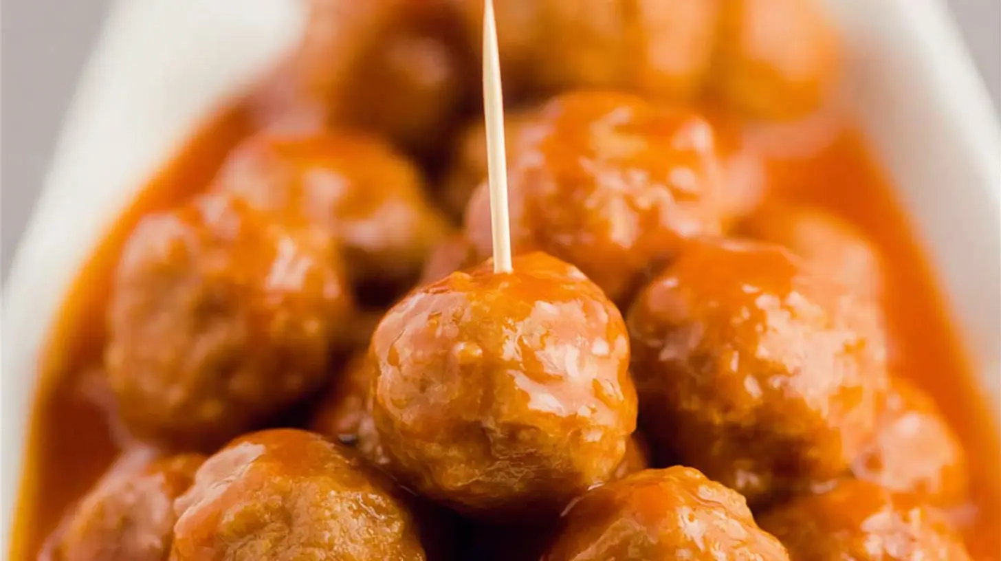 A close-up of delicious Slow Cooker Enchilada Meatballs, coated in a vibrant orange-red sauce, served in a white dish with a toothpick.