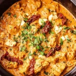 Close-up of creamy Slow Cooker Marry Me Chicken with sun-dried tomatoes, cheese, and fresh herbs in a ceramic pot.