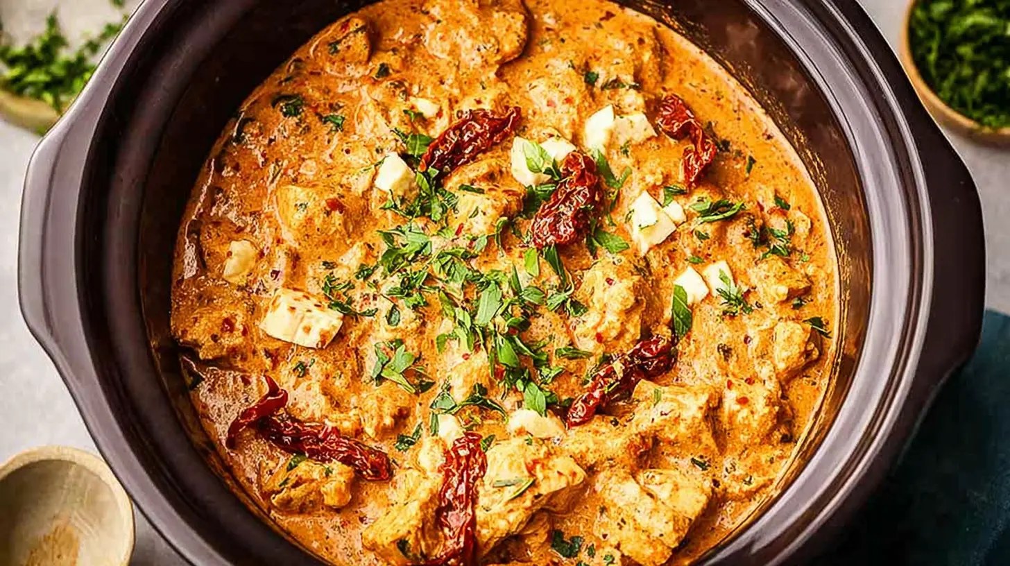 Close-up of creamy Slow Cooker Marry Me Chicken with sun-dried tomatoes, cheese, and fresh herbs in a ceramic pot.