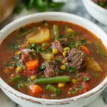 Rustic bowl of hearty vegetable soup with beef, garnished with fresh herbs, accompanied by crusty bread.