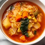 Vibrant bowl of homemade vegetable soup with cabbage, carrots, and potatoes on white marble.